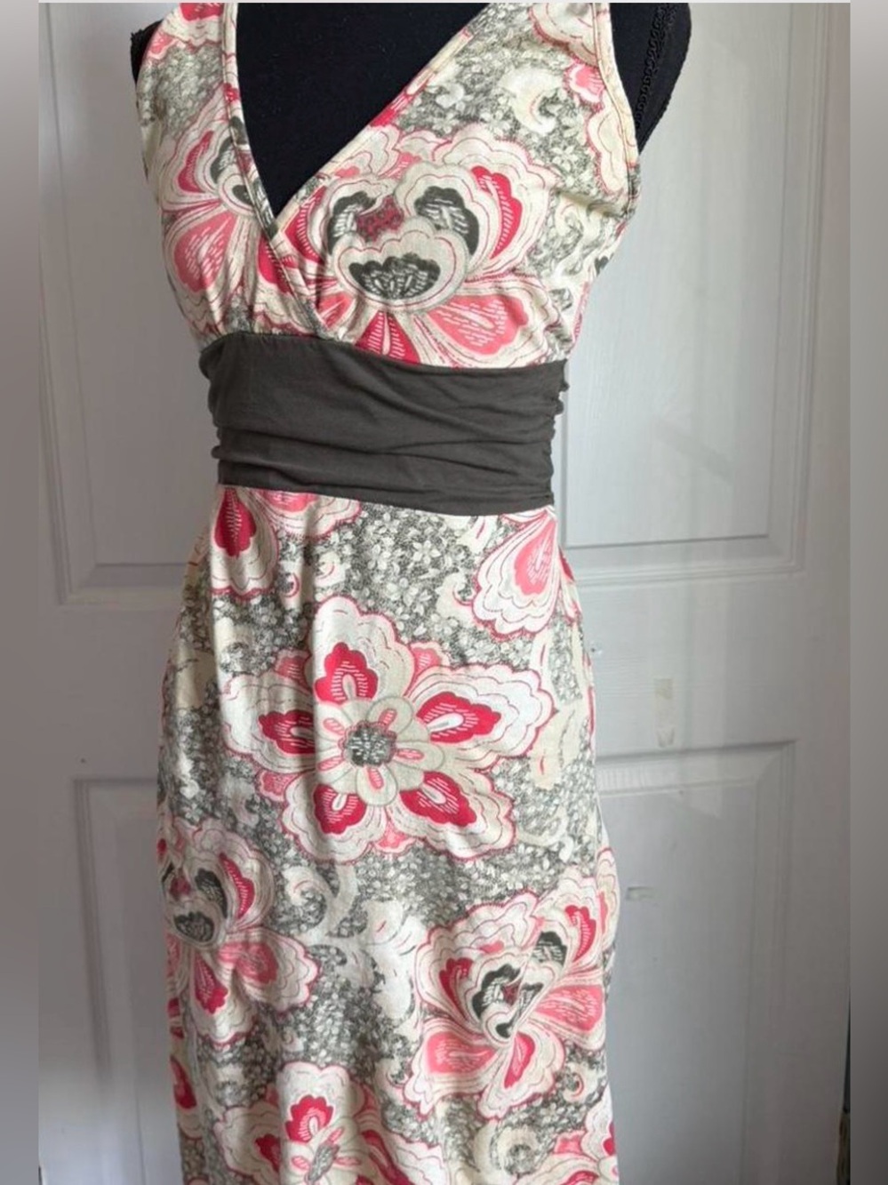 Patagonia Cream Midi Dress with Pink and Gray Floral Print